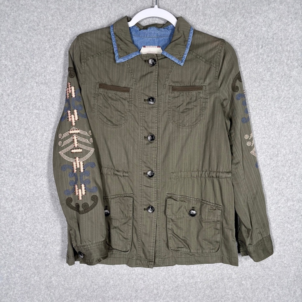 Anthropologie‎ Hei Hei Utility Jacket XS Green Embroidered Beaded Military Field